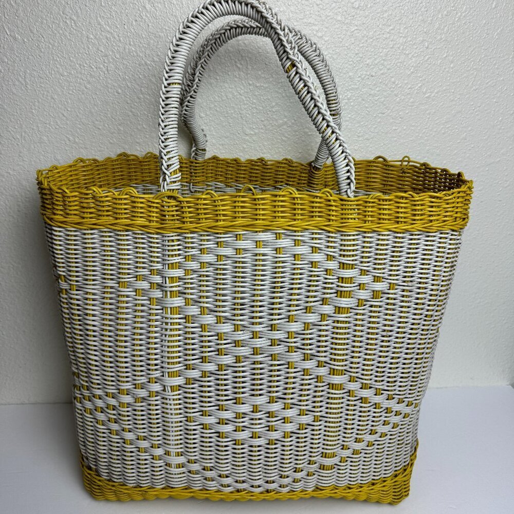 Vintage Woven Plastic Picnic Market Tote Bag Large 14"H x 15"L x 6.5"W